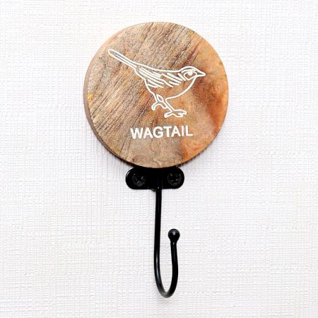 Brown Wooden Waigtail Bird Decorative Wall Hooks